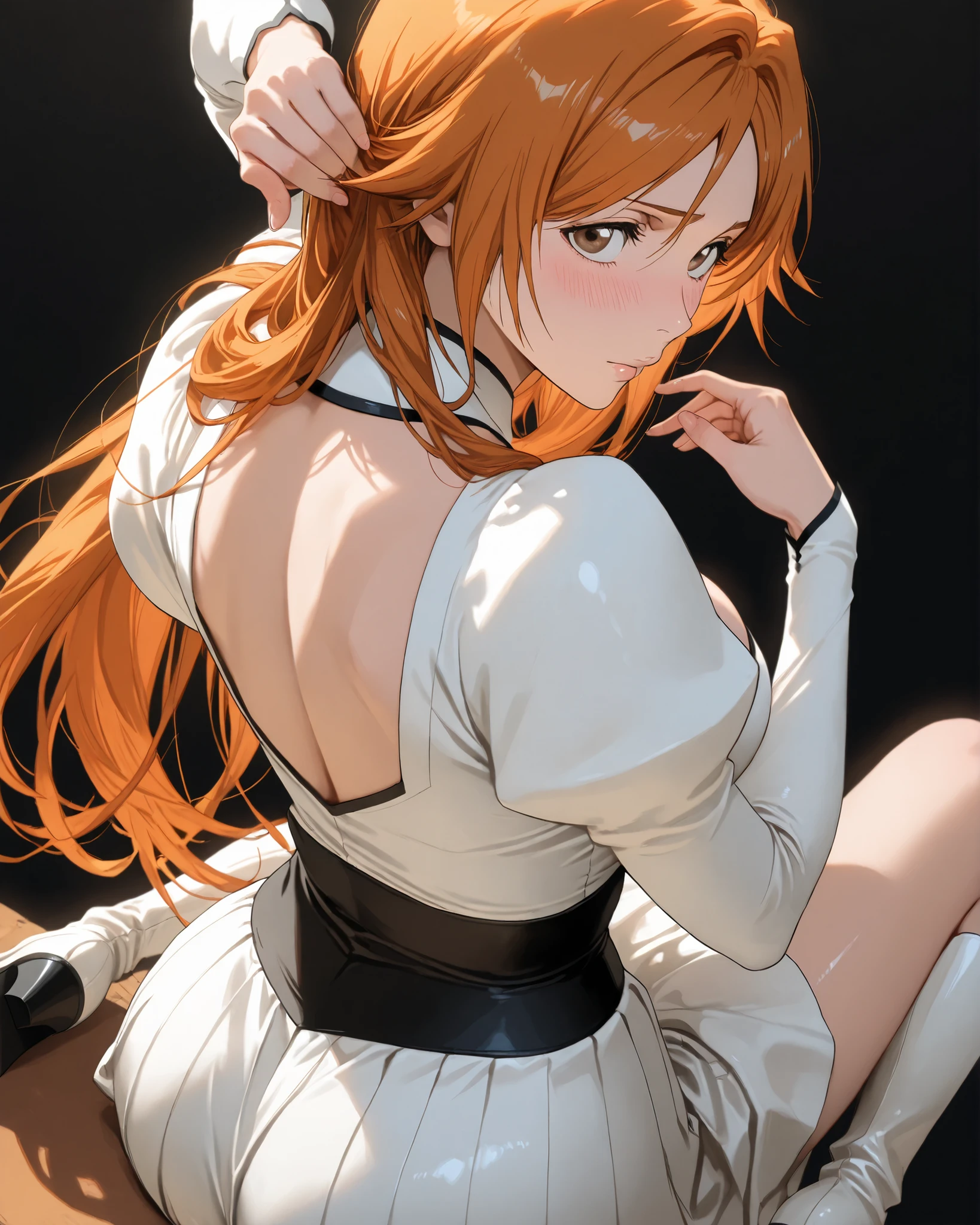 closeup, Sluisap, eyes、usnr、GBF_style、748cmstyle、32K、Semi-realistic、 super detailed description 、Artwork、Original Works、 detailed color、 detailed eyes、 detailed lips 、 The Greatest Masterpiece、Professional work、normal Breasts, Bleach Character , Orihime Inoue , Orihime Inoue , ( Orihime Inoue Cosplay :1.3) sexy , cowboy shot, shiny body, full frame, full length, perfect fingers:1.3, shiny body, perfect fingers:1.3, seductive pose , black background , sitting , back view , blushing ,, looking at the viewer ,wearing a cropped long-sleeve top with exaggerated puffy shoulders ,The neckline is a deep plunge cut, showcasing cleavage, black background , A high-waisted, flowing long white skirt with dramatic slits, High-heeled, pointed boots, the boots are white , brown color eyes