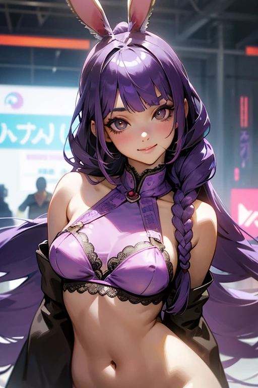 1 girl, Blunt bangs, Braiding, Wide sleeves, hair ornaments,Obi says, (Purple Hair:1.2), Very long hair, Straight hair, Looking at the audience, Highly detailed background, (Realistic:1.2), Beautiful Eyes, Red eyeshadow, thigh, (Urzan-6500:0.7), Upper Body, (alone:1.2), (Cyberpunk City:1.1), Cleavage,,Glowing Skin、(Navel exposed).((Face close-up))、((smile))、(Lace clothes).((Bunny girl)).