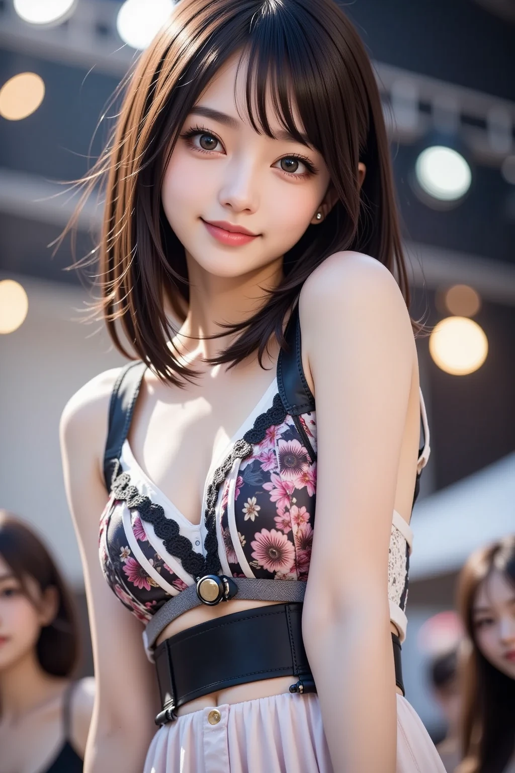 girl, White skin, ((Dark brown short tiered hair)), V cut with layers and bangs, Brown eyes, Soft atmosphere characteristics (Highest quality, Ultra-high resolution, 8K, RAW Photos, Ultra-high resolution: 1.2, masterpiece: 1.3), (Realistic, Realistic: 1.37), Very detailed, Professional Lighting, Photon Mapping, Radio City, Physically Based Rendering, One Girl, (high school girl), Sharp focus:1.2、Beautiful woman:1.4,cute, Nice, Adorable, smile, Normal chest, necklace、(Cleavage)、Gothic Lolita Fashion、Pink and black gothic lolita outfit、Earrings,ring、 (((Black gothic yukata, ))),