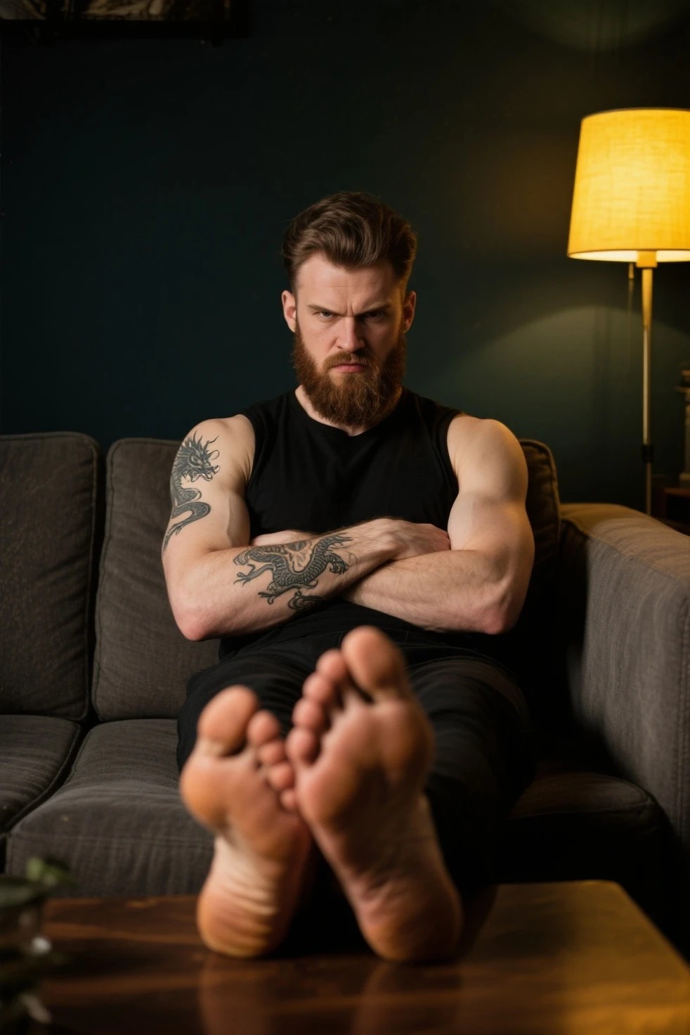 A handsome,Orc with abs tied to the sofa,Shoes taken off,Revealing two big bare feet,Both feet are locked in the foot,Keep your feet elevated,The soles of both feet should face the screen,His hands were tied tightly to the sofa.,His upper body was stripped,There are feathers under my armpits constantly scratching me,The soles of his feet were being scratched by two brushes.,There are also many feathers tickling between the toes。The abdomen is scratched with a brush,And he laughed,Struggling hysterically,Swinging his two feet。(Have an expression of laughing like being tickled,Keep your feet elevated,The soles of both feet should face the screen,Have lots of feathers on your feet,The feathers should touch the feet,The armpits need to be painted with large feathers and the abdomen needs to be painted with a brush.,Place your feet in the foot,Hands are tied to the handrails with ropes)