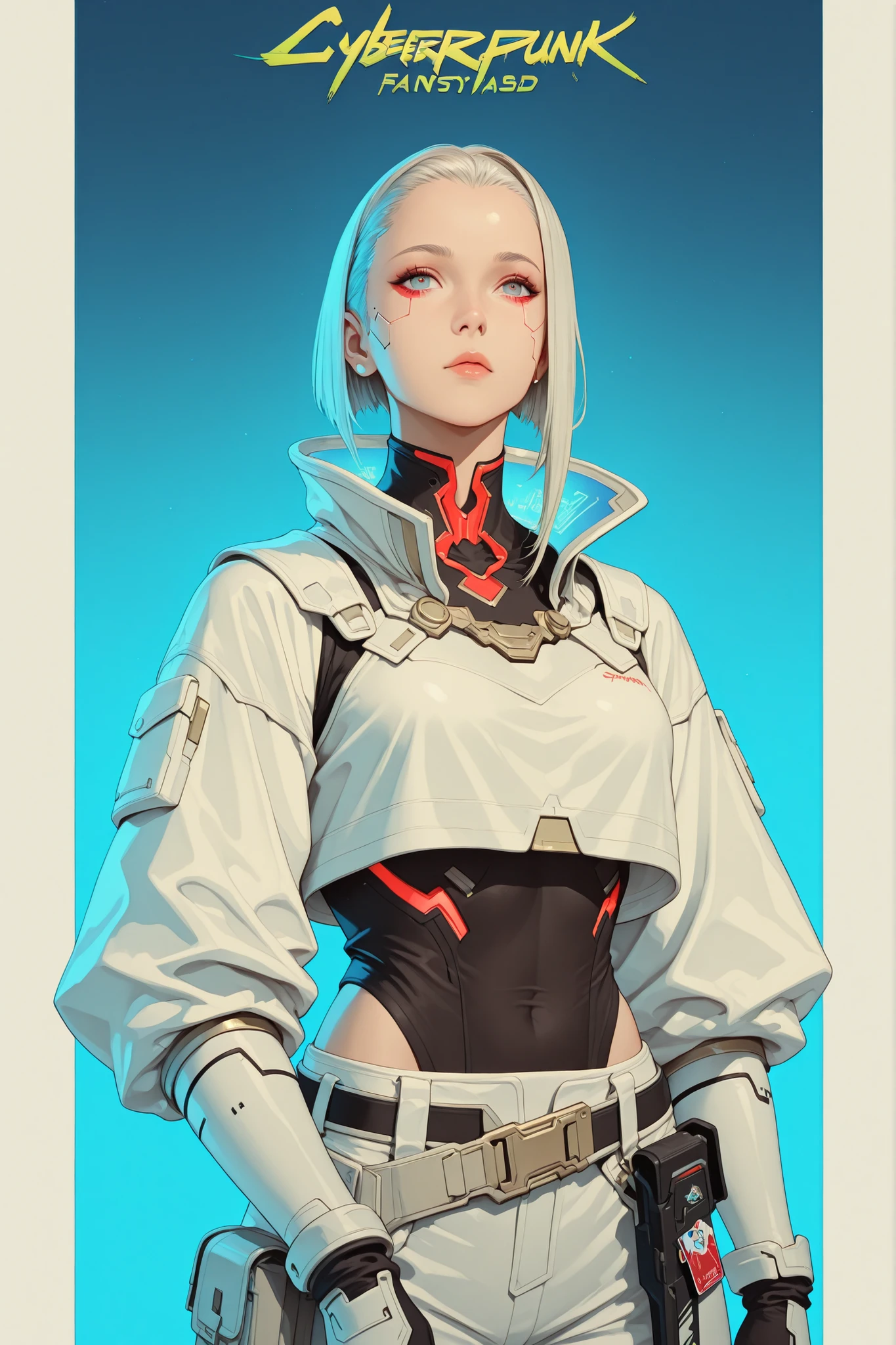 A beautiful white card game card (((with cyberpunk fantasy edges))), with a beautiful warrior printed in the Final Fantasy aesthetic and style.
