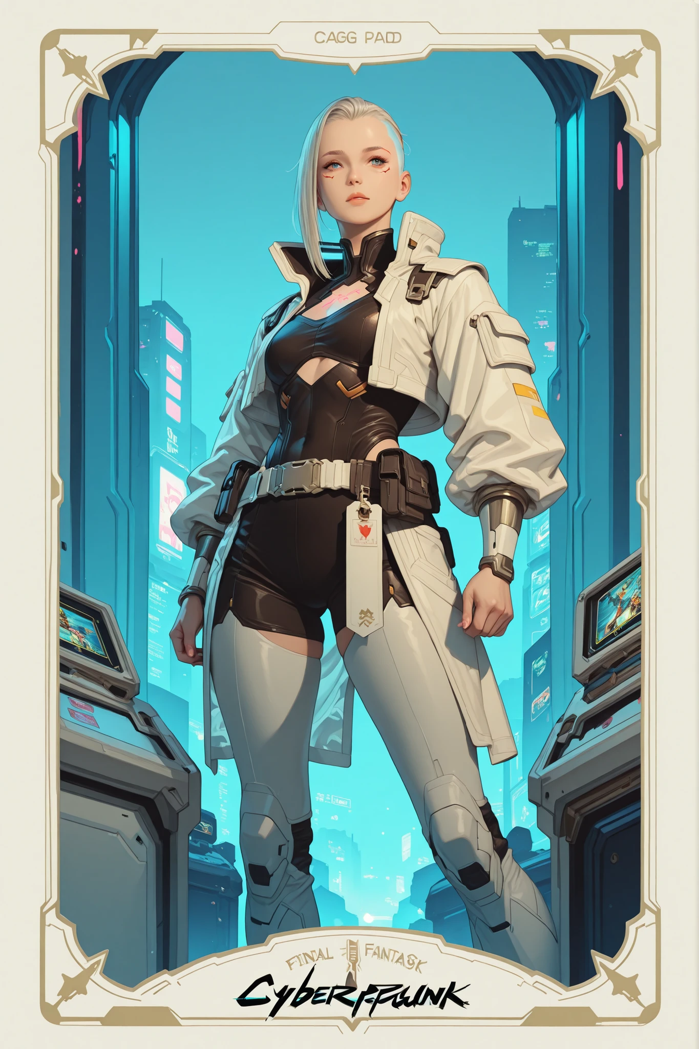 A beautiful white card game card (((with cyberpunk fantasy edges))), with a beautiful warrior printed in the Final Fantasy aesthetic and style.