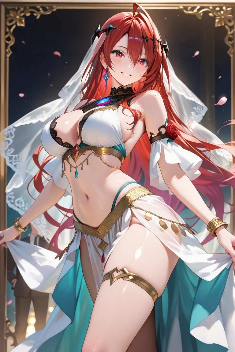 official art, 8k, anime, super detailed, stunningly beautiful, masterpiece, best quality, anatomically accurate, hands on hips, detailed hands, bedroom, (subtle lighting:1.1 ) ), (sexy and feminine body: 1.1), (Nilou\genshin Impact ), face details, long hair, red hair,
(hair detail: 1.3), 1 girl, (wedding dress: 1.6), horns, veil, jewelry, blue eyes, extremely detailed eyes, uncomfortable breasts, big thighs, sweaty, stuffy 、 ahegao, Trogao, Elbow-length gloves、 (white lace gloves )、thigh socks、(white lace stockings, sock belt:1.1 )、(Wedding dress): 1.6) collarbone, looking at viewer, bare shoulders, upper body, real, female (mature: 1.16), bad girl、Real skin 、Culinary skin, (wet body: 1.3)、Detailed eyes、armpit , climactic revealing clothes, NSFW、Dance erotic、Real skin、 Arms、Nipples, pregnant belly, extremely detailed face, lipstick