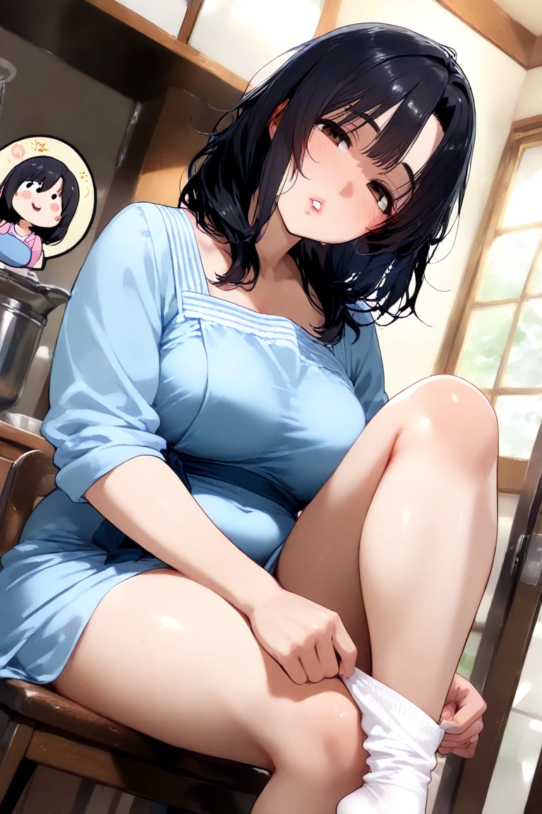 Beauty mother-in-law　Black Hair　A little height difference　Mother and daughter have beautiful breasts　hair band　Both mother and daughter are holding back tears.　kitchen　　Nipples　Pussy　White knee-high socks　naked　Spread your legs