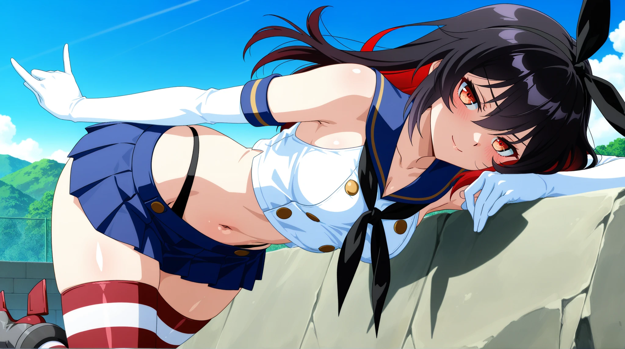 echidna, brown eyes, medium breasts, (colored eyelashes:1.1), evil smile, blush, lipstick, masterpiece, best quality, highly detailed, a anime girls in sailor uniforms with a gun posing for a picture,
evil smile, smile, open mouth,black_serafuku, ecchi anime style, anime girls , (nsfw) not safe for work,
ecchi style, ecchi, shipgirls, digital anime art!!, high school girls, holding a gun, hold a gun, anime style 4
k, micro skirt, exposed belly, exposed navel, exposed midriff,
exposed lower belly,school, classroom, navel piercing