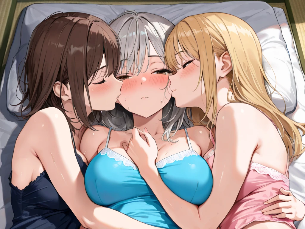 （（super high quality,Ultra-high resolution,16K,super masterpiece,Ultra HD ,Detailed shading））,Dark bedroom,Lying in bed,（（３Mature women:1.8,sexy mothers））,Bust 85cm,Cleavage,（Naked shirt,popped Tight collar White shirts,Long sleeve）,Glasses,View here,blush,Ahegao,Ecstatic smile,Sweaty,A small amount of drooling,Open your legs a little,semen,Pearl Earrings,Pearl Necklace,Engagement Rings,