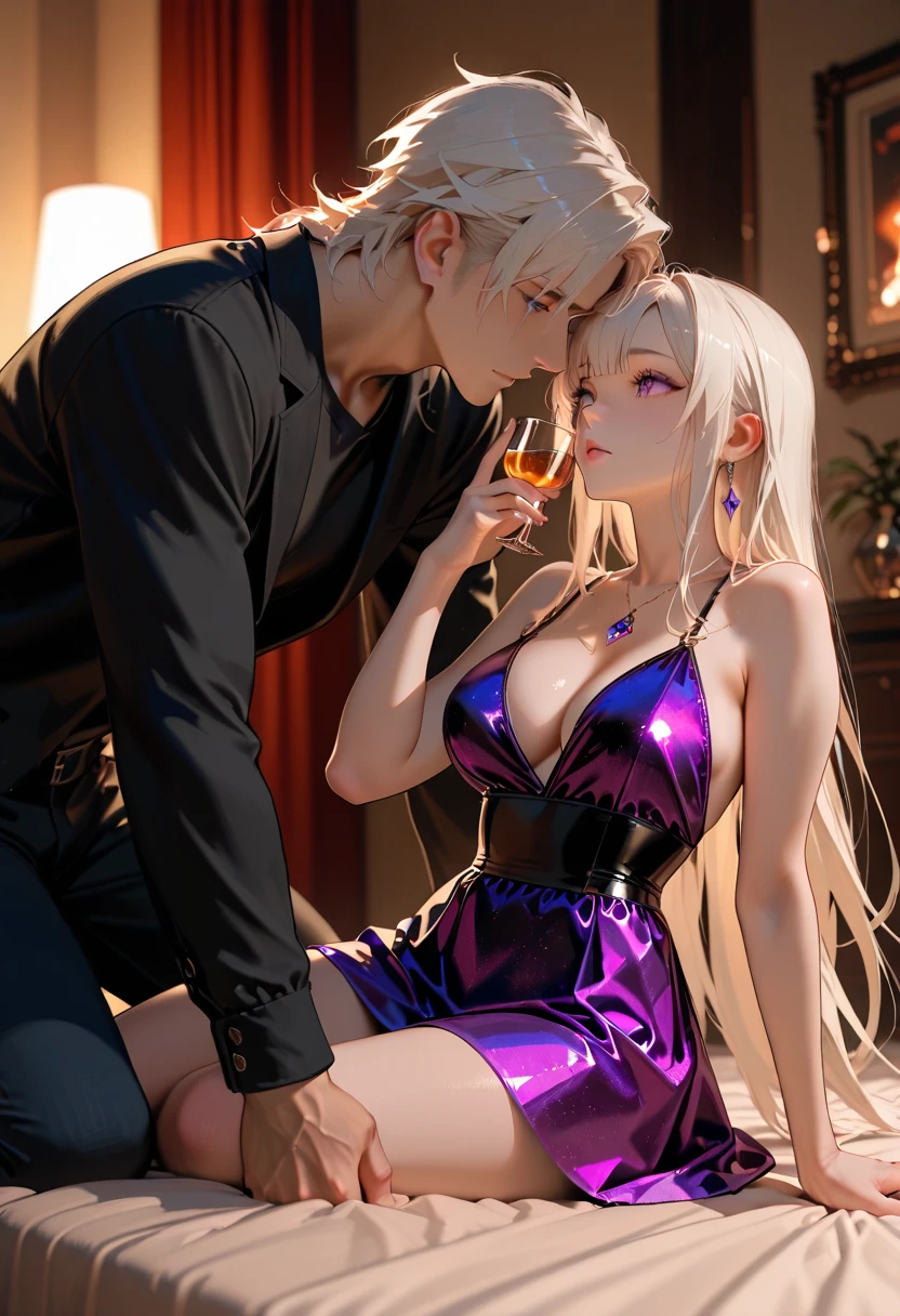 Perfect and happy beautiful couple, with romantic atmosphere, enjoying a moment of relaxation in the hot tub. The stunning blonde woman while the charming gorgeous black man smiles softly and takes a glass of red wine