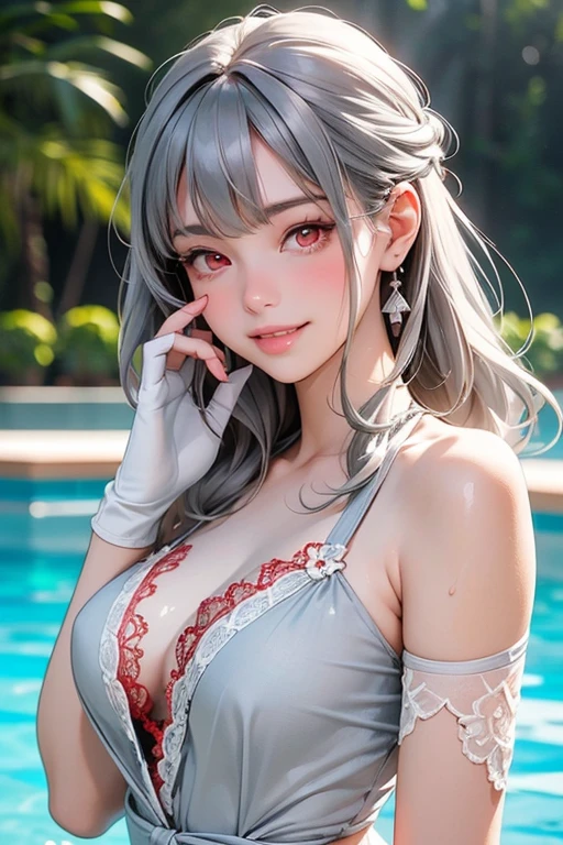 1 girl,vampire princess,silver underwear, (lace:1.3),stockings,outdoor, (standing posture),jewelry,Lips slightly open, lustful smile, red lips,(Lactation:1.2),(huge breasts),shiny skin,((8k, original photo, top quality, masterpiece), HD RAW color photos professional close-up photos), (actual, photorealism: 1.37), (best quality), (best shade),ultra high resolution, HD CG unified 8K wallpaper,soft sunshine,clothing details, alone,Tamaki