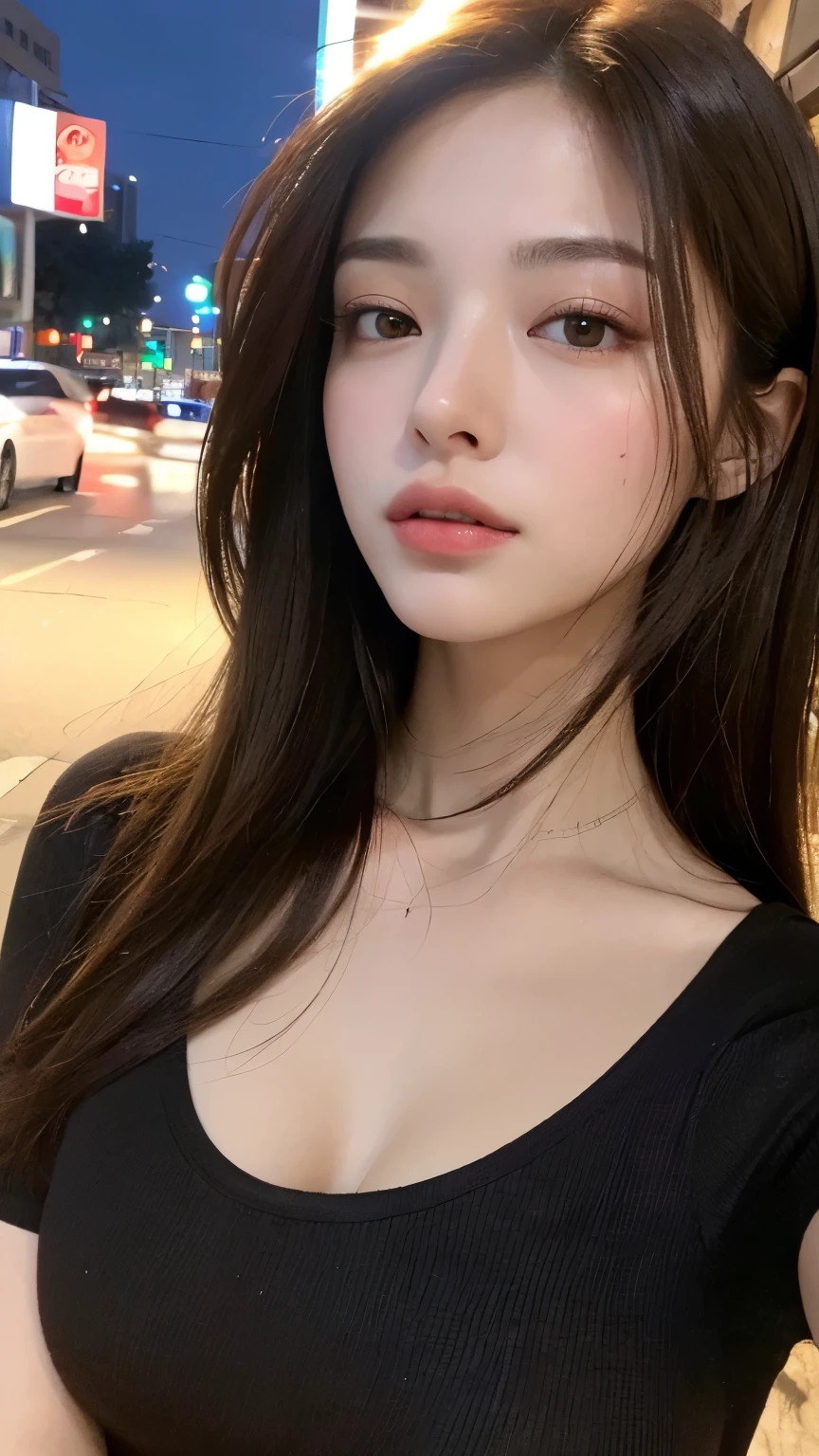 (best quality,highres),ultra-detailed,realistic,portrait,painting,sexy woman,seductive eyes,beautiful face,cleavage,bending forward,car window,night time,raining,long eyelashes,beautiful detailed lips,seductively gazing,capturing viewer's attention,posture exudes confidence and allure,raindrops on the car window,add touch of mystery and sensuality,lighting creates moody atmosphere,woman's beauty,enhancing overall seductive vibe