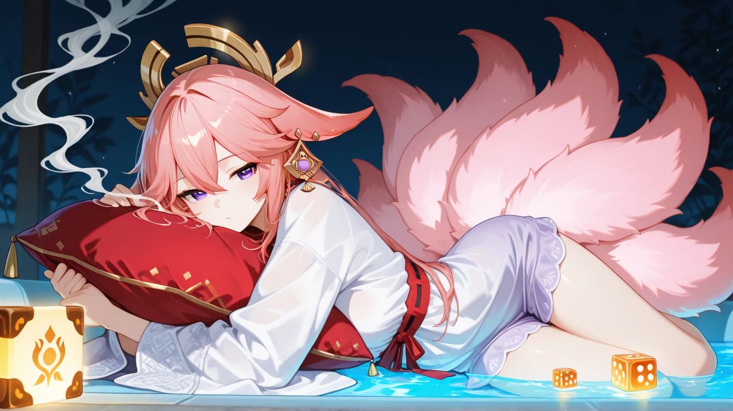 anime kitsune girl, pink hair, Yae Miko, Genshin Impact, seductive pose, darting tongue, blush cheek, sweaty, high quality, detailed, high res, 4K