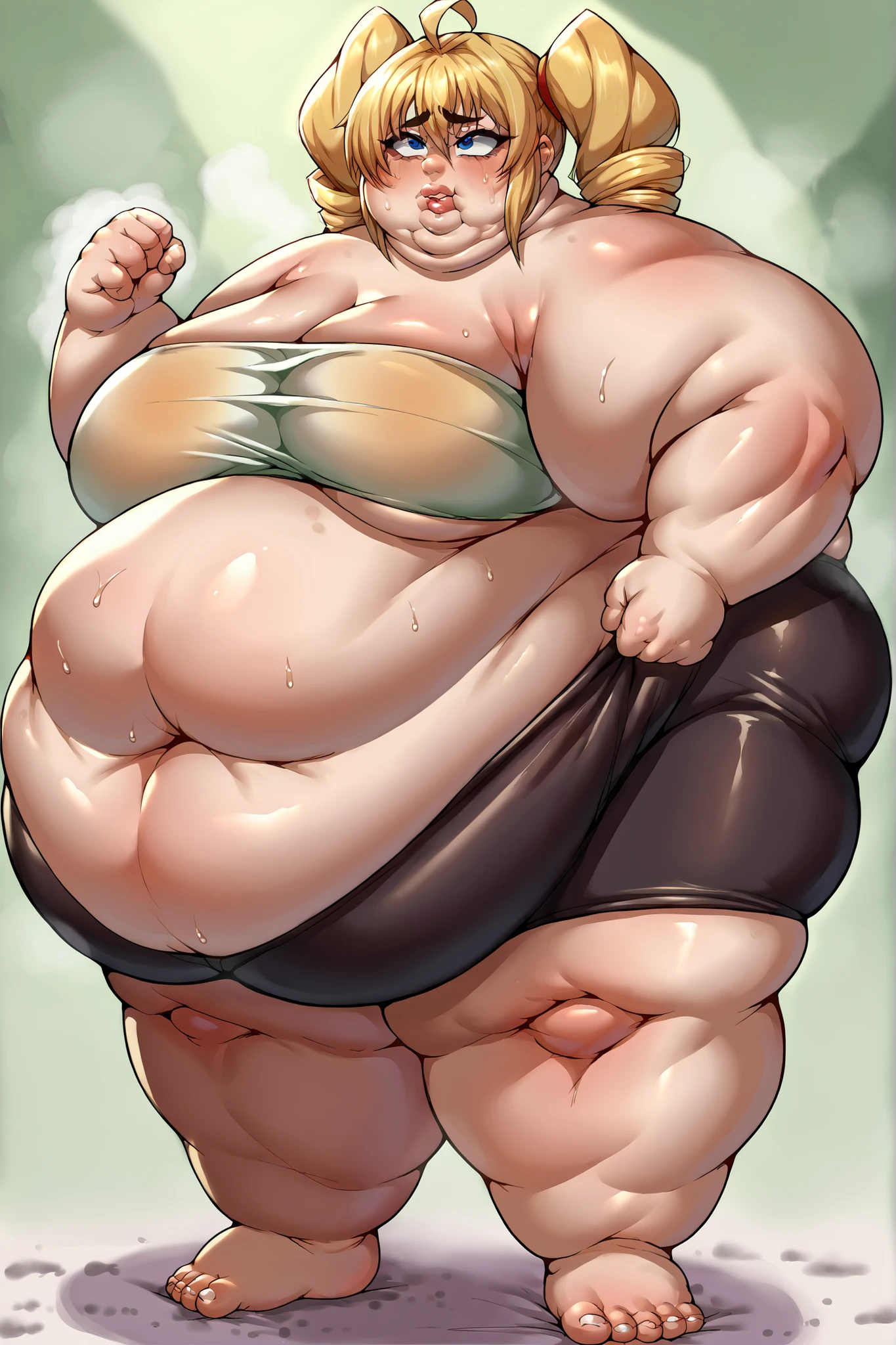 score_9, score_8_up, score_7_up, source_anime BREAK 1girl, Yor briar, ganryu, swimsuit, bedroom, smile, sweating, growing fatter, fat, chubby, obese, full body shot, gigantic arms and legs, walking, facing veiwer,
