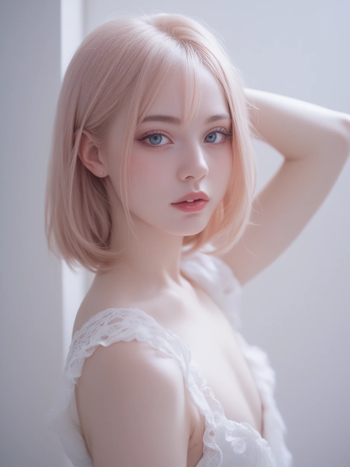 a beautiful young woman with short pink hair, pale skin, detailed facial features, elegant pose, serene expression, in a dreamy, surreal environment, (best quality,4k,8k,highres,masterpiece:1.2),ultra-detailed,(realistic,photorealistic,photo-realistic:1.37),ethereal,whimsical,fantasy,vibrant colors,warm lighting