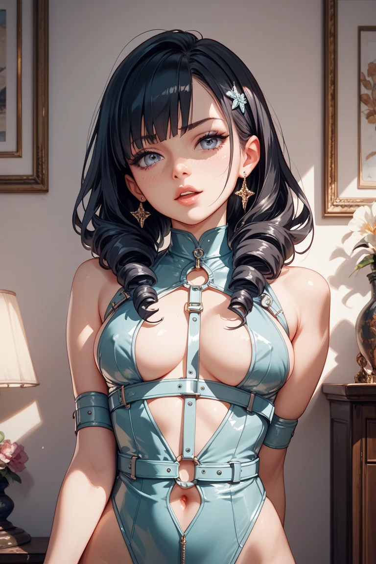 A whimsical Victorian-steampunk fusion portrait featuring Blake Akane Kurokawa as a kawaii protagonist. Set against a muted backdrop, she poses in front of an antique clockwork mechanism, surrounded by intricately crafted gears and cogs. Her dark blue-purple chibi hair falls in soft waves around her face, framing her bright green eyes. A delicate corset adorns her frame, accentuating her waist, while a voluminous skirt flows behind her like a misty veil. Lace, ruffles, and ribbons adorn the hem, adding a touch of femininity to this steampunk-inspired masterpiece.