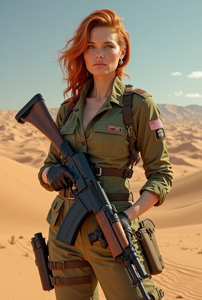 professional photograph of V4lka woman, redhead, full body, she's an army soldier, military uniform, in a combat zone, she's wearing an USA military uniform with camouflage. (Background is a desert of the Middle East), she's holding an MP4 rifle and looking at the viewer with a determined face. Action heroine, 4k, 8k, masterpiece, highest quality, bokeh, geiger, (active firefight) (marvel cinematic universe) highly detailed eyes <lora:2024-02-06_19-29-35-save-1499-53-15:1>