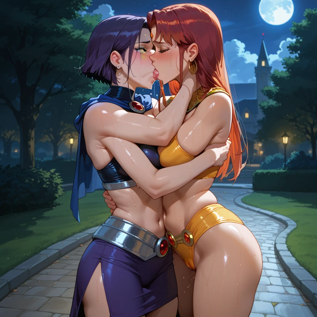 ((best quality)), ((masterpiece)), (detailed), perfect face, (((2women: happy, blushing, soaked, (((yellow eyes(glowing), mature face, dark skin, 25 years old, sexy, topless, slim, exposed small breasts, muscular, orange hair (((messy hair))), ((ponytail))), (((saffron ribbon))), Wearing: Buddhist rosary beads, gold sash with bow))) and (((Pink eyes(glowing), perfect face, mature face, pale skin, 25 years old, sexy, nude, thicc, dummy thicc, large breasts, short black hair)))))), looking into each other's eyes, facing each other, hug, kiss, happy, yuri, beautiful, best quality, absurdes, 8k, volumetric lighting, intricate, Background: floating above Stone Buddhist temple ruins, Avalokiteśvara statue, full moon