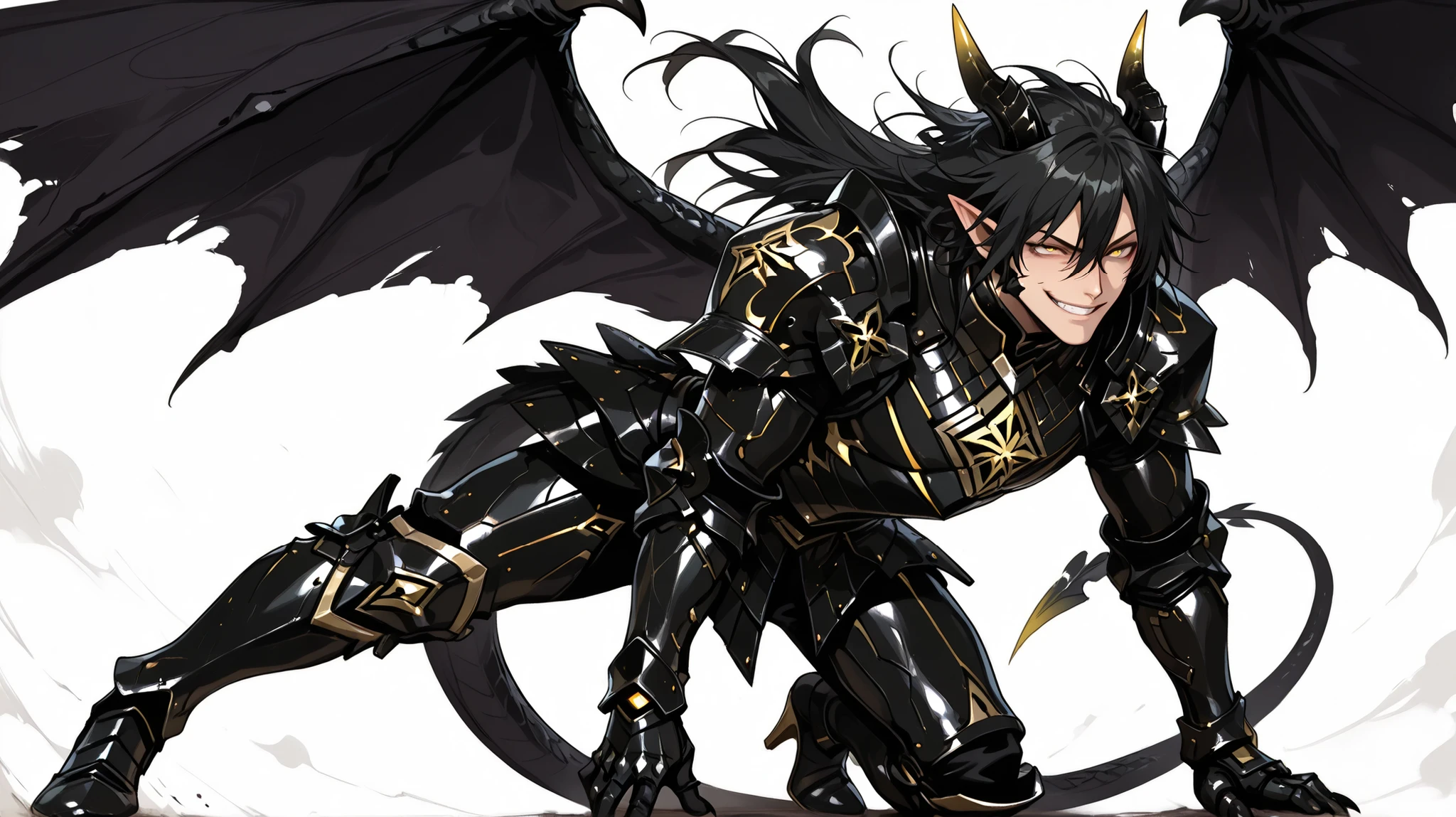 score_9, score_8_up, score_7_up, absurdres, 128K Ultra High Resolution, (masterpiece, best quality: 1. 5), high definition, highres, 8K wallpaper, CG, (((Anime))), (1 male), solo, lean body, (masculine), (floating in the air), weredragon, japanese anime style, glossy black, shiny black leather, ((beautiful golden eyes, finely detailed eyes, bright eyes, vertical iris)), hair between eyes, black hair, long hair, sideburns, wild hair, unkempt hair, (sly grin, smirk, evil smile), teeth, confident, ((ultra detailed face)), shiny skin, long pointy ears, twisted torso, long-legged, sculpted face, wasp waist, dragon horn, dragon tail, dragon wings, dragon sharp claws, (black armor with a lot of grandiose decorations), half dragon half human, dramatic angle, (dynamic pose, combat pose: 1. 5), ((ultra detailed black armor)), black armor with gold accent, all black outfit, full body, emphasize face, focused expression, sharp focus, good-looking man, well-polished black armor, (best illustration), cinematic, dramatic lighting, (intricate detail, extreme detailed, super detailed: 1. 5), ((highly detailed artwork)), dramatic shadows, tenebrism, wonderful pose, chiseled features, stark contrast, heavy shadows, detailed black decorations, beautiful and aesthetic, photoreal, from side, (mysteriously crafted black metal armor: 1. 5), sparkling accessories, thick and luxuriant hair, ((ultra detailed fantasy black armor)), dressed in black, broad shoulder, true-to-life visuals, artistically refined, dramatic contrasts, ((extremely delicate and beautiful armor, elaborate armor details)), ((dark armor, stylized armor)), exquisite goldwork, wonderful black armor, armor with intricate engravings, ((armor-type high heels)), ((detailed shoulder armor with intricate engravings, gold accent black armor)), very gorgeous and dazzling, ((dark fantasy black knight)), slim waistlines, wide chested, sinewy body, (((Hyper Detailed & Perfectly Designed Black Armor))), (simple white background), windy