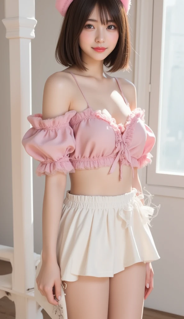 Best Quality, Masterpiece, Ultra High Resolution, (Realisticity: 1.4), Original Photo, 1Girl, Pink Off-the-Shoulder, Crop Navel, Lace Transparent, Film Lighting, I like the way you blush, I like the way you are by me to the point of panting.
