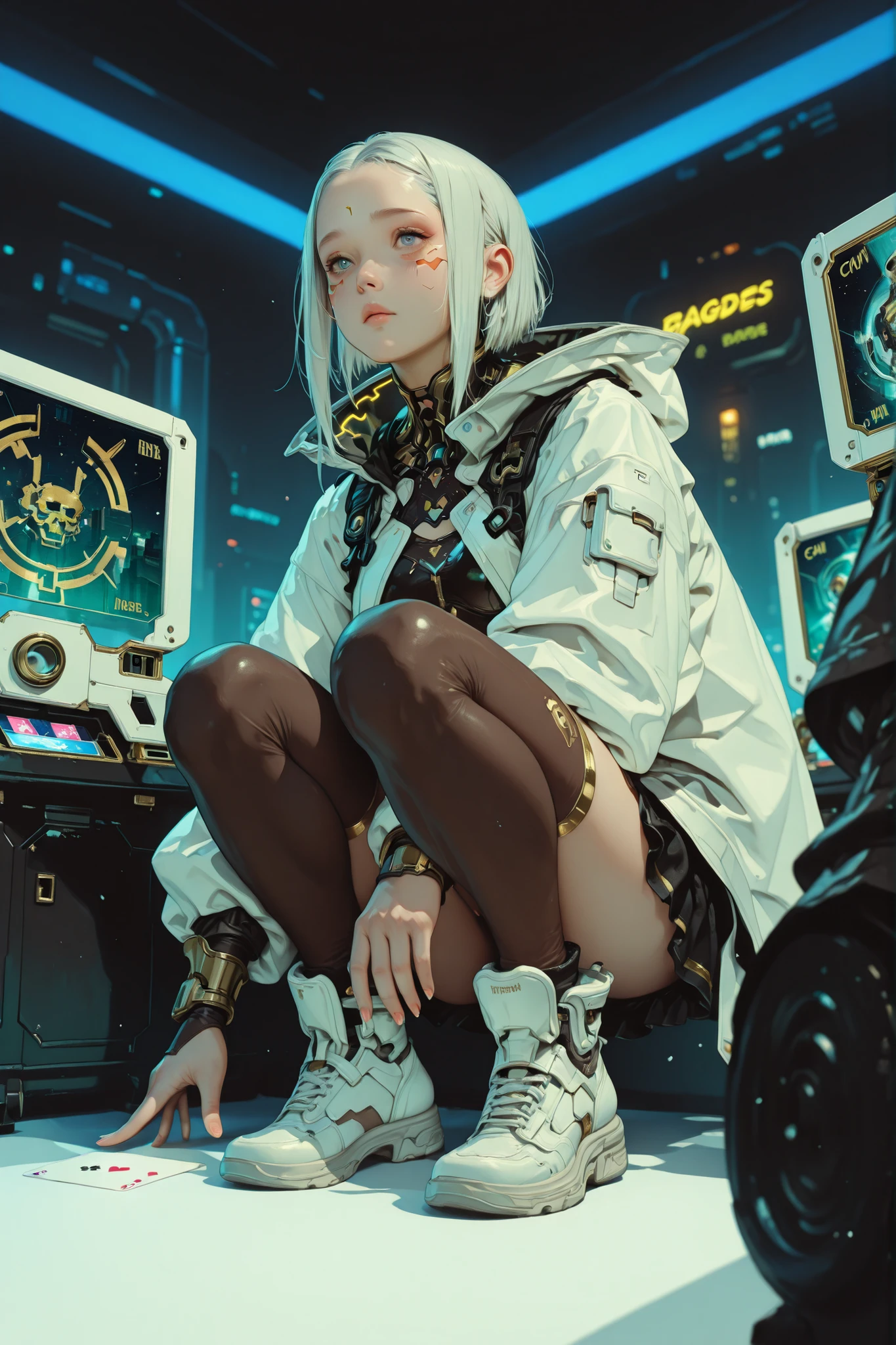 A beautiful white card game card (((with cyberpunk fantasy edges))), with a beautiful warrior printed in the Final Fantasy aesthetic and style.