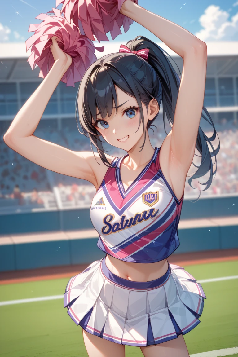 highest quality、High resolution、Detailed Background、(Beautiful face in every detail:1.4)、Anatomically correct、(Detailed facial expressions)、(Detailed eyes:1.2)、(Detailed eyes:1.2)、Teenage beauty、(Highly detailed face:1.4)、Brightly colored hair、well-groomed eyebrows、ponytail、(Huge breasts:1.4)、Perfect body line、Big Ass、A cute, cosplay-style sailor dress、No sleeve、A big smile、(Uplifting)、Show your side、White panties、Vast Sky、(Cheerleader、I support you)、(Pom-pom:1.2)、

(A cheerleader girl jumping and flying in the sky:1.5)、

Emphasize underboob、Angle from below、View here、Laughing with your mouth open、smile、Healthy thighs、Healthy Beauty、With legs apart、Show your side、Panty Shot、cute、Bright colors and pop colors、pink、yellow、Pastel colors etc.、Ruffles and laces、Sleeves and hems of clothing、Ruffles and laces are applied to the collar etc.、Animal and floral patternotifs such as hearts、Dresses and skirts、Femininity and cuteness、Hair accessories and ribbons