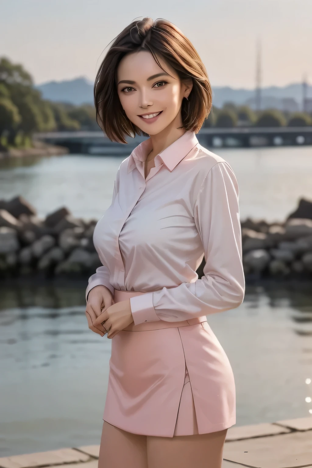 (masterpiece:1.2, Highest quality), (Realistic, photoRealistic:1.4), Beautiful works, (Natural Lighting, Cinema Lighting),
View your audience, Cowboy Shot, Front view, 1 girl, middle aged, Perfect Face, Beautiful symmetrical face, (Sunburn),
(short hair), (Missile Chest:0.6, Captivating thighs),
Beautiful Hair, Beautiful Face, Beautiful attention to detail, Beautiful body, Beautiful breasts, Beautiful thighs, Beautiful legs, Beautiful fingers,
((light pink long sleeve collared shirt, navy blue miniskirt)),
(Beautiful views), evening, River side, walk, (Cute Smile)