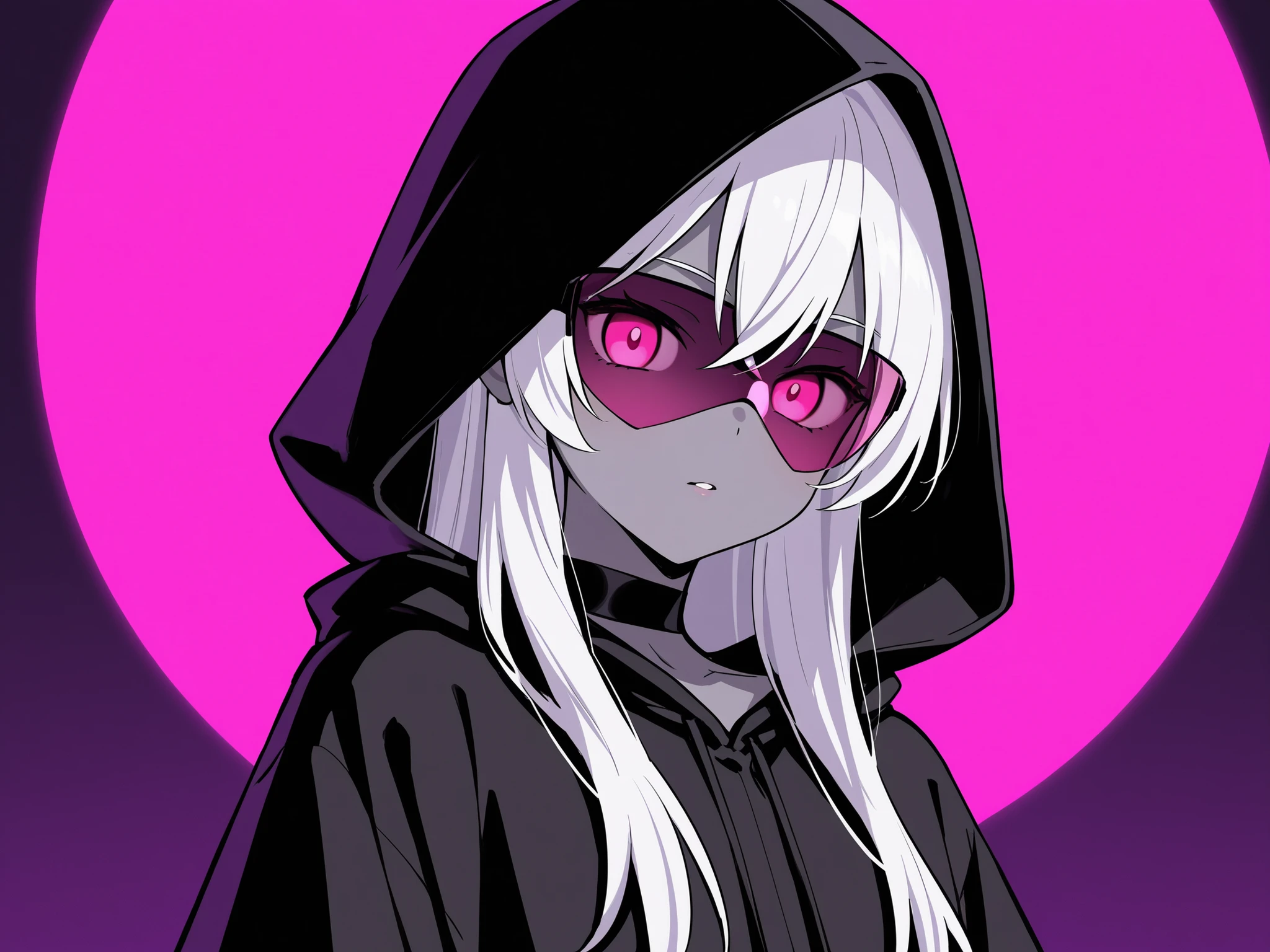 Young sorceress woman with white hair, pink eyes and gray skin with a black hood with shades of purple, Queen of a Nation