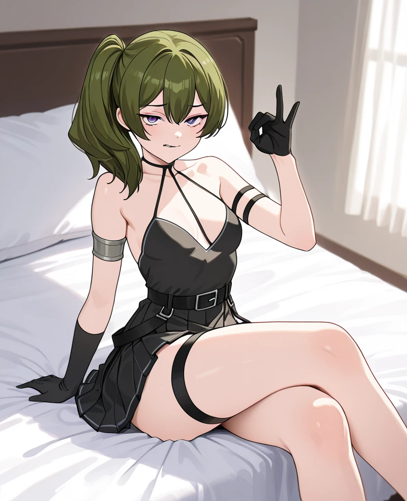 masterpiece,best quality,highres,ultra-detailed,ubel,long hair,side ponytail,hair between eyes,bangs,black choker,bare shoulders,cleavage,halterneck,black dress,sleeveless,arm strap,belt,black skirt,buckle,black belt,thigh strap,indoors,sitting,bed,blush,