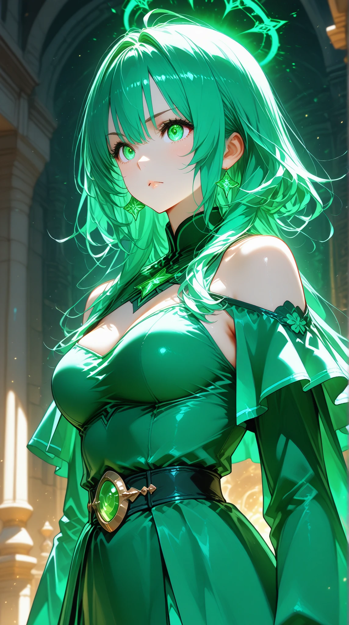 1girl, long hair, dark green hair, blue eyes, big chest