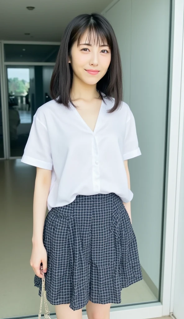 One girl、solo、15 years old、Polo shirt、skirt、White socks、An illustration、(Shiny skin、:1.4)、Absurd、smile、Gazing at the audience、big、whole body、Black Hair、ponytail、Brown eyes、Sharp focus、Depth of written boundary、Eyes are delicate、Sharp pupils、Realistic pupils、(Straight thighs)