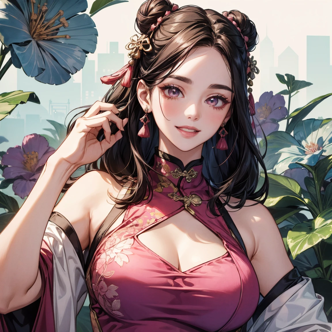 (((((((Chinese ink painting，dreamy watercolor painting,Traditional ta dress,Delicate accessories，Luxurious accessories,Blushing,Watery cheeks,Natural curls,Disheveled hair,Natural ginger hair,double tails,Fluffy clothes，baggy clothes，Transparent cuffs，breast pocket，V-shaped open collar))))))，((1girl,solo,Amazing,Sharp focus,Cute Korean mixed-race girl，lean face,red pupils,))(Masterpiece,Best quality, offcial art, Beautiful and aesthetic:1.2),((Ultra-high resolution,Golden ratio,)) (16K),((From behind，Busty)),(Physically-based rendering),(((highdetailskin,))),intricate outfits，((Hibiscus face,)),((((detailed hairs|middle hair|Thin side bangs|high knot|undercut)))),slender,(masterpiece sidelighting),(The sheen),(Inky hair,Beautiful hair,Beautiful eyes,）[[Delicate fingers and hands:0.55]::0.85],(Detail fingers),(((Superior quality,)))),((unbelievable Ridiculous,)),((extremely_Detailed_eyes_and_face)),Movie girl,(Dynamic configuration: 1.2),Brilliant,Glossy, (Photorealistic), ((tress ribbon)),(treditional dress:1.2),Ultra-precise depiction, Ultra-detailed depiction,