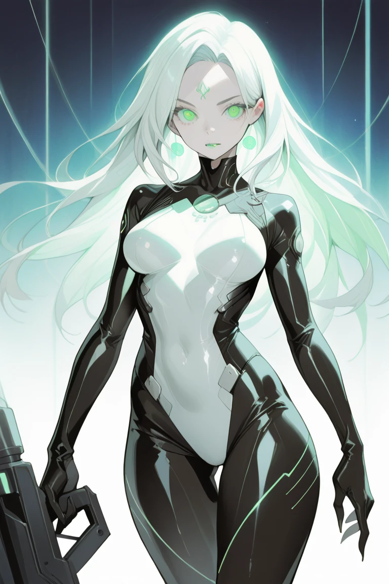 (masterpiece, best quality:1.2), aka6, 1girl, solo, very long hair, white hair, green eyes, sharp eyes, detailed eyes, blush, research facility, futuristic facility, breasts, black suit, black bodysuit, skintight, looking at viewer, cowboy shot, disgusted look, disgusted facial expression, tsundere