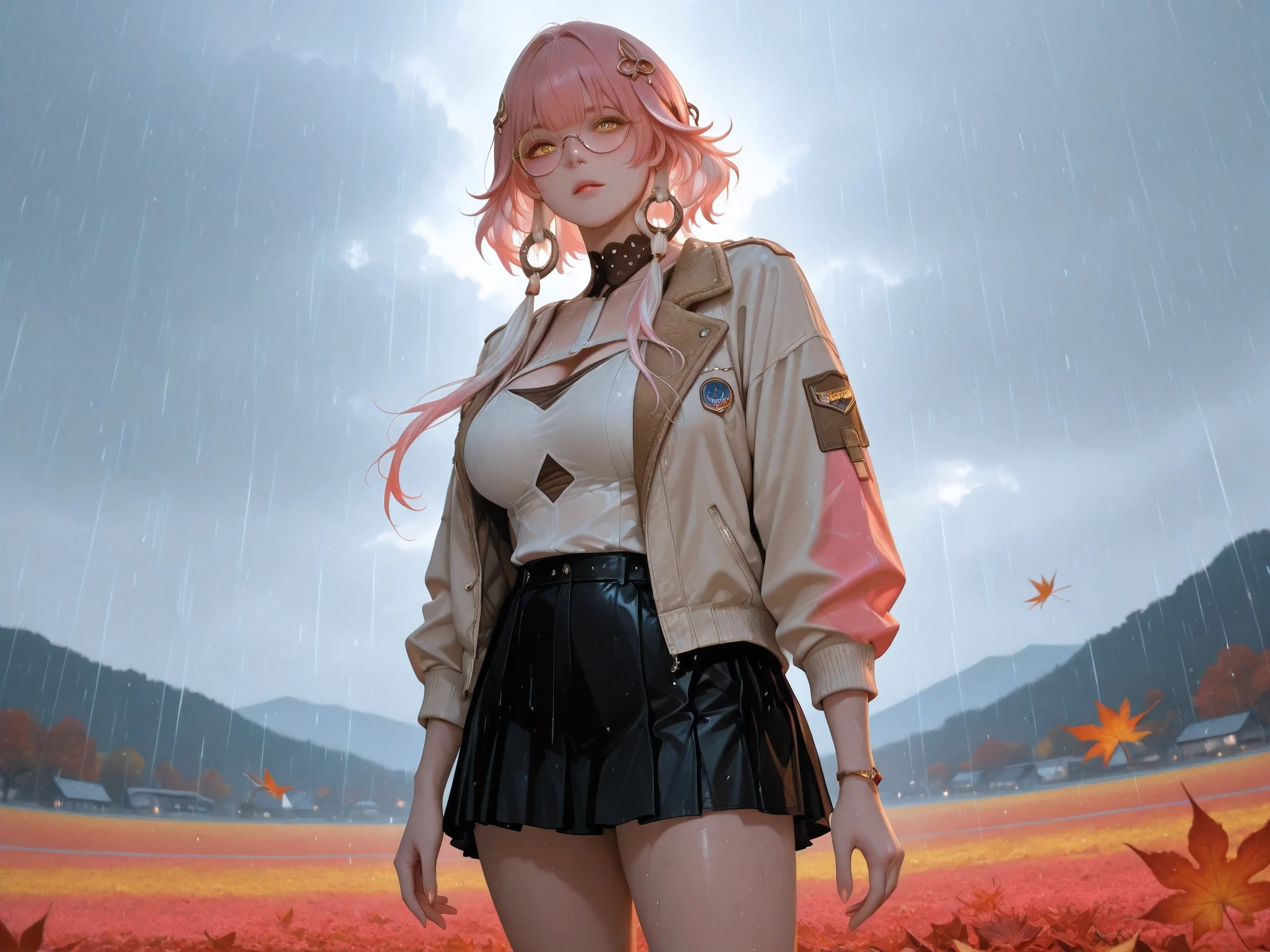 A Realistic image, extremely sharp focus, crisp details, high resolution, low light, cinematic, fashion photography, 4K, 8K. (correct anatomy and detailed hand). A wide angle shot, side view, a detailed, high quality rendering of changli-wuwa. She wears beautiful, detailed round eyeglasses, she wears a bomber jacket and miniskirt. She has a beautiful large breasts. She has a beautiful face details, a beautiful detailed yellow eyes, multicolored hair, white and pink hair ,hair ornament, detailed hands, five fingers and a real human skin, her expression is embarrassed and she looks at the viewer. On the field, dynamic pose. Rain, autumn, dramatic cold soft light casting soft natural shadows, cold and warm color pallete. the background has highest detail, detailed background and depth of field.