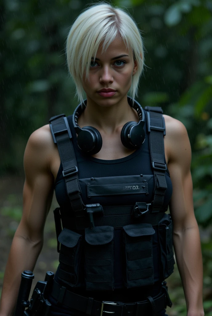 (close-up shot), (facing forwards), looking directly into the camera, A stunning skinny fashion model in full black military gear with tactical vest, utility belt, handgun holster on her side, comm's device, and she is holding a military hand gun. black headphones around the neck, very short wet platinum blonde hair, (wet platinum blonde pixie hair:1.9), (blue eyes:1.9), (black military tactical gear:1.9), (black utility belt:1.5), (big muscular biceps), (skinny:1.5) Her expression is confident. She is walking forwards in a dense jungle at night. Heavy rain pours. The image is ultra high-definition with physically based rendering, detailed textures. (Night time:1.8), (very dark), (detailed face), (highly detailed eyes:1.3), (realistic), (photo-realism:1.4)