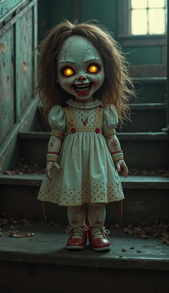 Annabelle from the movie "The Conjuring". Her face is covered in scars and she's smiling, which is very scary. She is wearing a frilly costume from a Japanese idol group. Singing with a microphone. They are doing a cute dance.