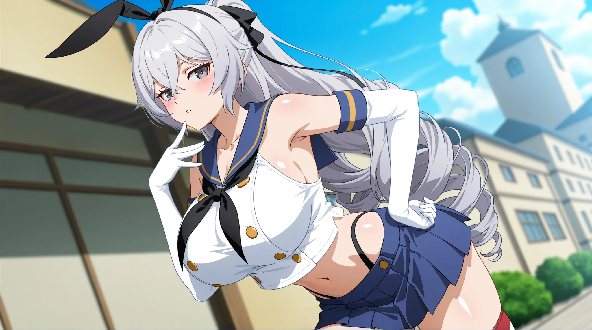 1girl, anime girl, silver hair, long twintails, silver eyes, azur lane, ;P