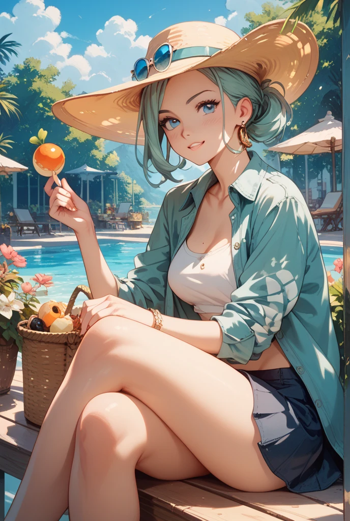 summer，Cool，poster，fruit，swimming pool，Cool，refrigerator，Old wives' summer，Swimming ring，Sun umbrella，Bird&#39;s-eye view，Pleasantly surprised，Sunny Beach，No characters。Illustration style，