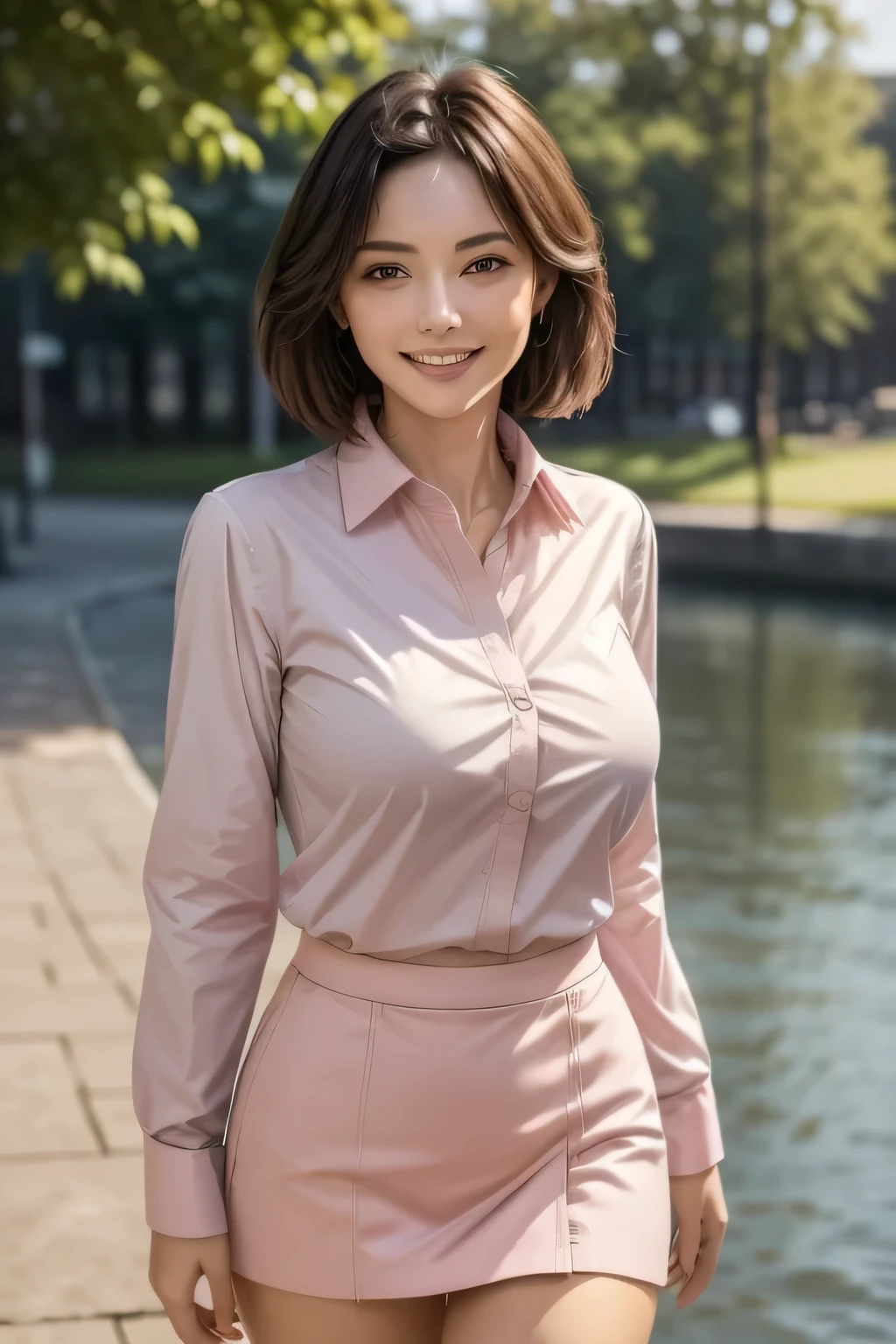 (masterpiece:1.2, Highest quality), (Realistic, photoRealistic:1.4), Beautiful works, (Natural Lighting, Cinema Lighting),
View your audience, Cowboy Shot, Front view, 1 girl, middle aged, Perfect Face, Beautiful symmetrical face, (Sunburn),
(short hair), (Missile Chest:0.6, Captivating thighs),
Beautiful Hair, Beautiful Face, Beautiful attention to detail, Beautiful body, Beautiful breasts, Beautiful thighs, Beautiful legs, Beautiful fingers,
((light pink long sleeve collared shirt, navy blue miniskirt)),
(Beautiful views), evening, River side, walk, (Cute Smile)