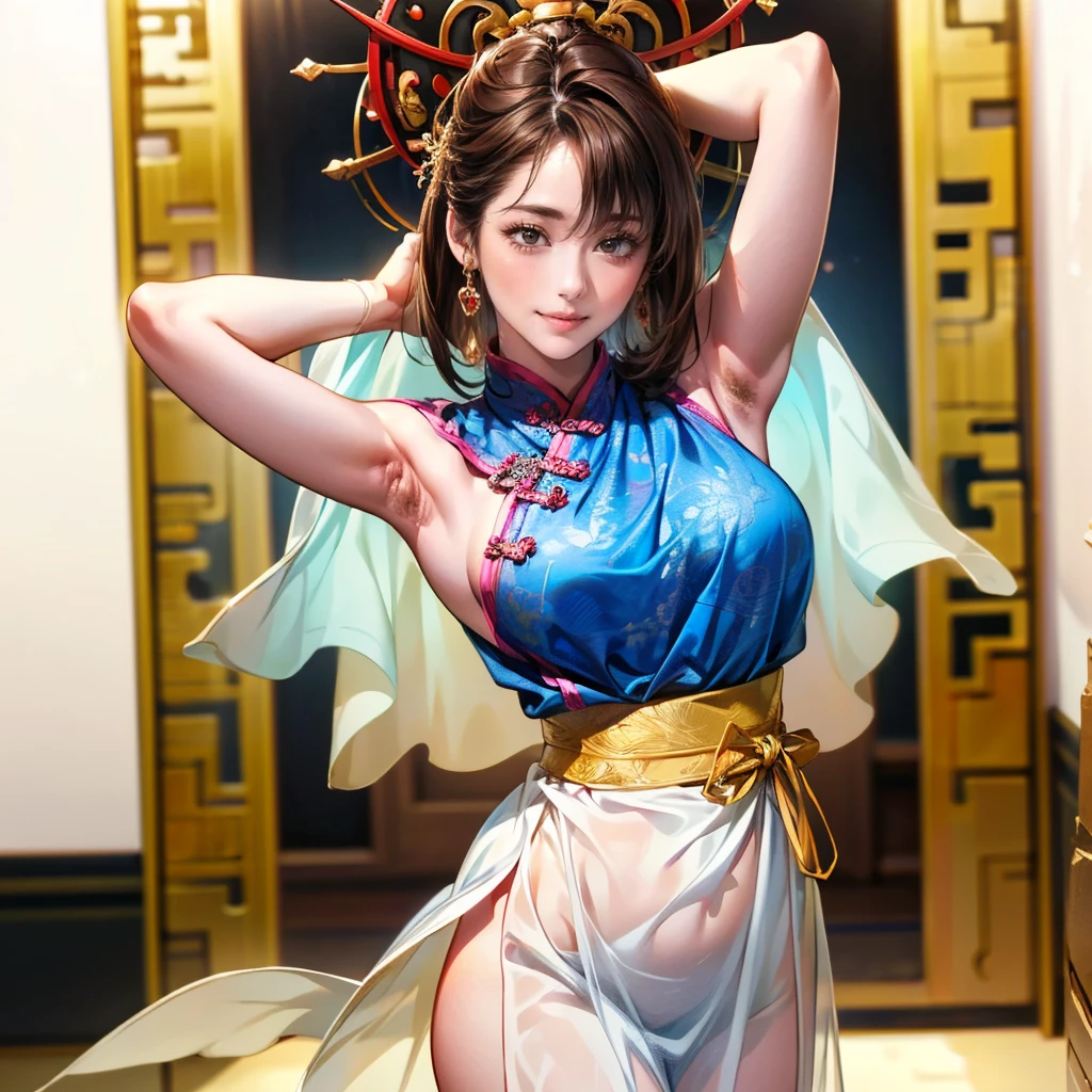 Best quality, Masterpiece,Upper body, loft, theater stage,1 girl, Mature woman, Chinese style, Ancient China, sister, Dancer, Smile, brunette color hair, Princess cut, Fried dough twisted braid, Coiled hair, Double ball head,Streamers，huge boob, Light pink lips, calm, Intellectual, Red eyes, nipple tassels, Silver, Beads, Flowers, offcial dress, capes, Silk skirt, Embroidery, Fine face, facial closeups, Close-up of the hand,Colorful clothes,Beautiful face,Photorealistic, rim lit, twotonelighting,(highdetailskin:1.2), 8K  UHD, Digital SLR, Soft lighting, High quality, voluminetric lighting, photographed, high resolution, 4K, 8K, Bokeh