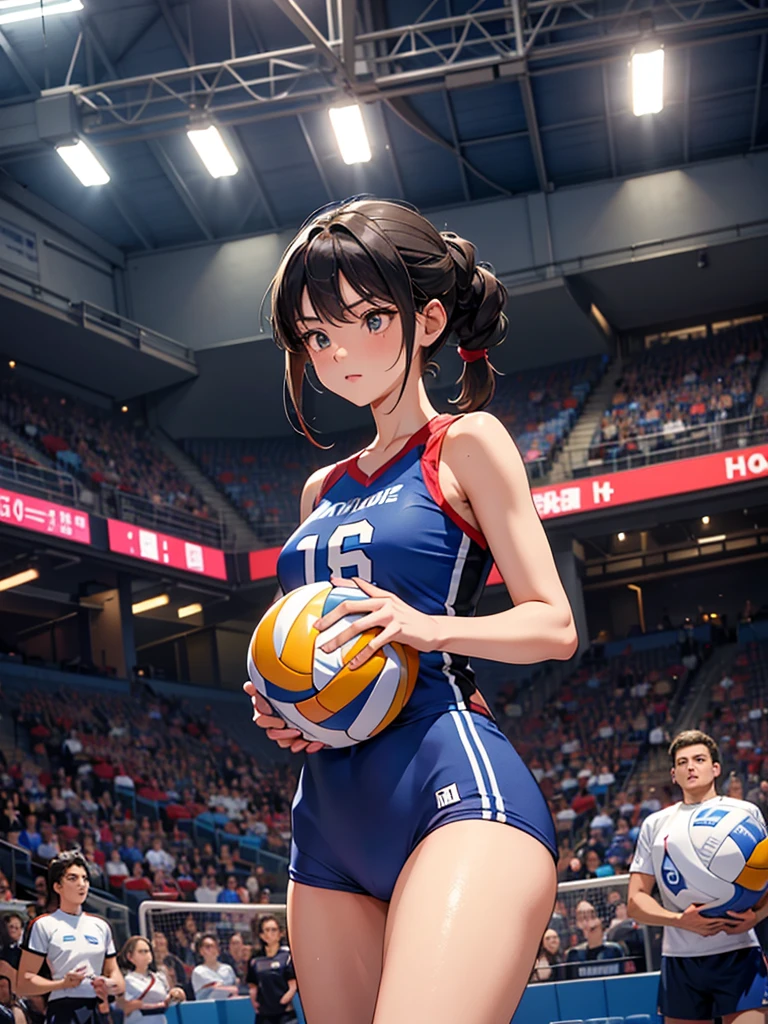 Gymnast、A leotard with glitter、Long sleeve、Pearl Color、gym、Large crowd、smile、4K resolution、Masterpiece、Photorealistic、athlete、Gymnastics competition、、Beauty、Plastic-like luster、Full body portrait、