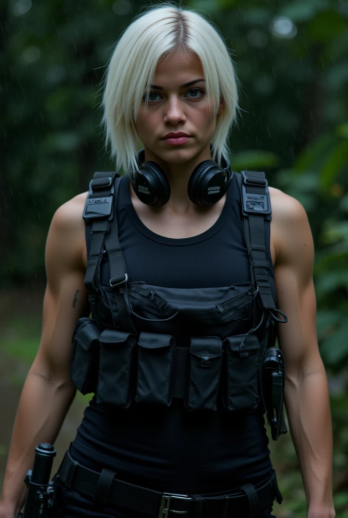 (close-up shot), (facing forwards), looking directly into the camera, A stunning skinny fashion model in full black military gear with tactical vest, utility belt, handgun holster on her side, comm's device, and she is holding a military hand gun. black headphones around the neck, very short wet platinum blonde hair, (extremely short wet platinum blonde hair:1.9), (blue eyes:1.9), (black military tactical gear:1.9), (black utility belt:1.5), (big muscular biceps), (skinny:1.5) Her expression is confident. She is walking forwards in a dense jungle at night. Heavy rain pours. The image is ultra high-definition with physically based rendering, detailed textures. (Night time:1.8), (very dark), (detailed face), (highly detailed eyes:1.3), (realistic), (photo-realism:1.4)