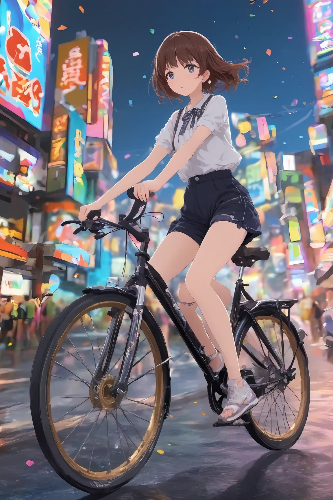 A cute woman in bike shorts and tank top, on her bicycle casually riding, crowded street of Bangkok