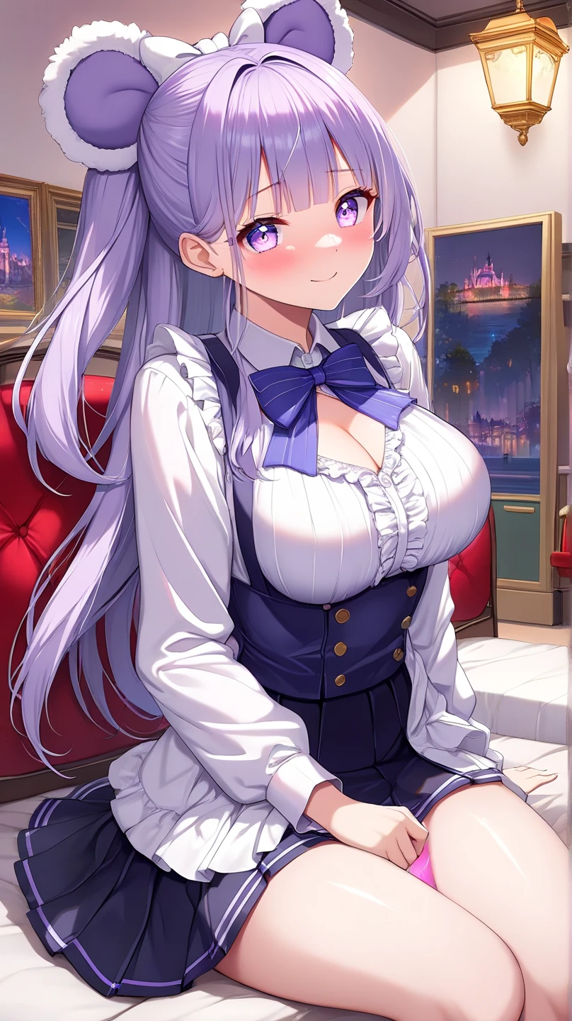 masterpiece, top-quality, Hi-Res, Kaede Higuchi, 1girl in, Virtual Youtuber, 独奏, length hair, mole under right eye, a purple eye, sockes, poneyTail, hair adornments, white bow, Hair Bow, the bow, Very long hair, hair clips, white hair, bangss、Tachie,pantyhose、breastsout、