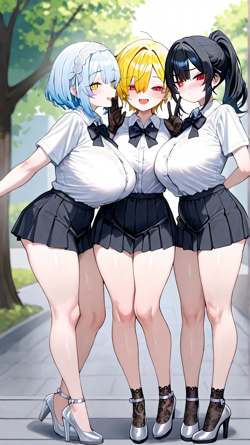 nsfw,((Three student girls)),((Perfect body,))((Super beautiful,))((High quality,))nipple,gigantic breast,(free hairstyle),((Gal,)) (Free hair color), long eyelashes,Smile,(Almost undressed worn out vest school uniform),white sexual underwear, ((very short pleated skirts)), ((thigh-high socks)), collars,Heavy breathing,saliva, sweat, Sweaty and wet all over,captivating smile,pov, Looking at Viewer,Sweaty body,love juice dripping from her crotch,bowtie,night in bed room,(Lifting up the hem of her skirt to show off her crotch),(satou kuuki style,)spread