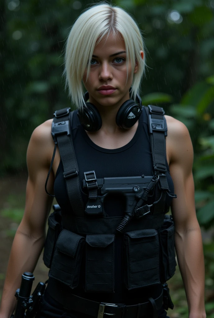 (close-up shot), (facing forwards), looking directly into the camera, A stunning skinny fashion model in full black military gear with tactical vest, utility belt, handgun holster on her side, comm's device, and she is holding a military hand gun. black headphones around the neck, very short buzz cut wet platinum blonde hair, (extremely short wet platinum blonde hair:1.9), (buzz cut), (blue eyes:1.9), (black military tactical gear:1.9), (black utility belt:1.5), (big muscular biceps), (skinny:1.5) Her expression is confident. She is walking forwards in a dense jungle at night. Heavy rain pours. The image is ultra high-definition with physically based rendering, detailed textures. (Night time:1.8), (very dark), (detailed face), (highly detailed eyes:1.3), (realistic), (photo-realism:1.4)