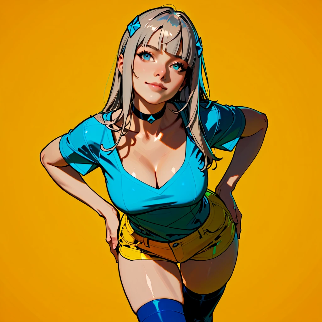 marge simpson, blue hair, red necklace, extra large breasts, cleavage, colored skin, yellow skin, green short crop-top, short shorts, angry, open-toe platform high heels, visible feet, thick thighs