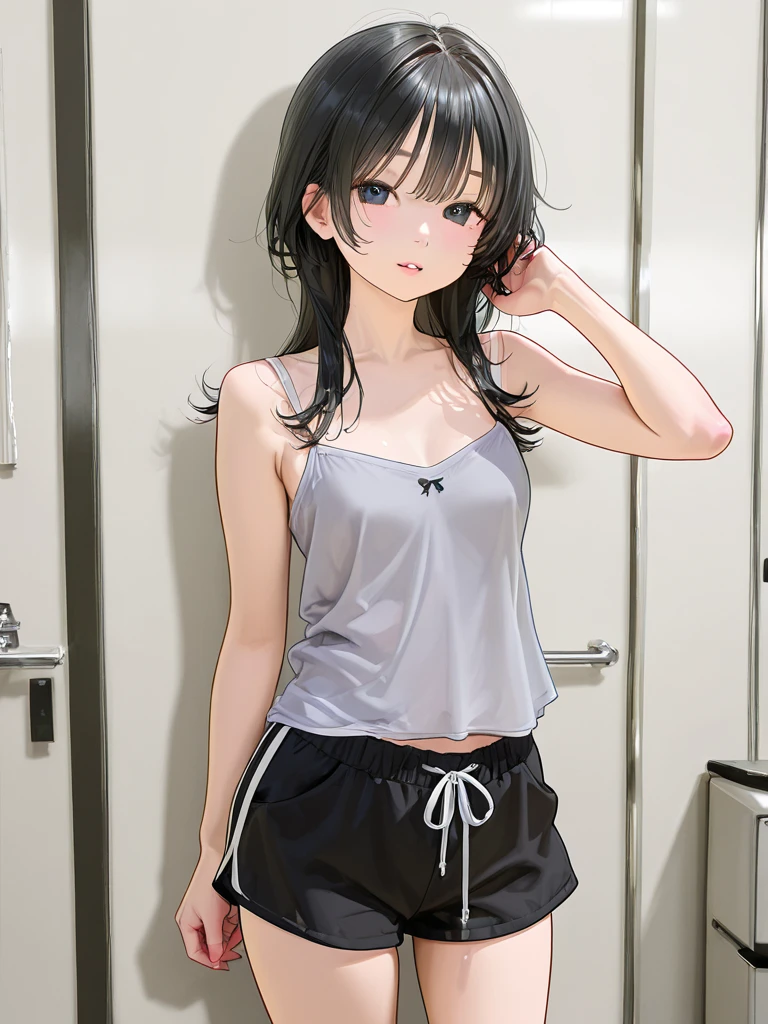 A girl is wearing camisole. Small bust, Skinny body