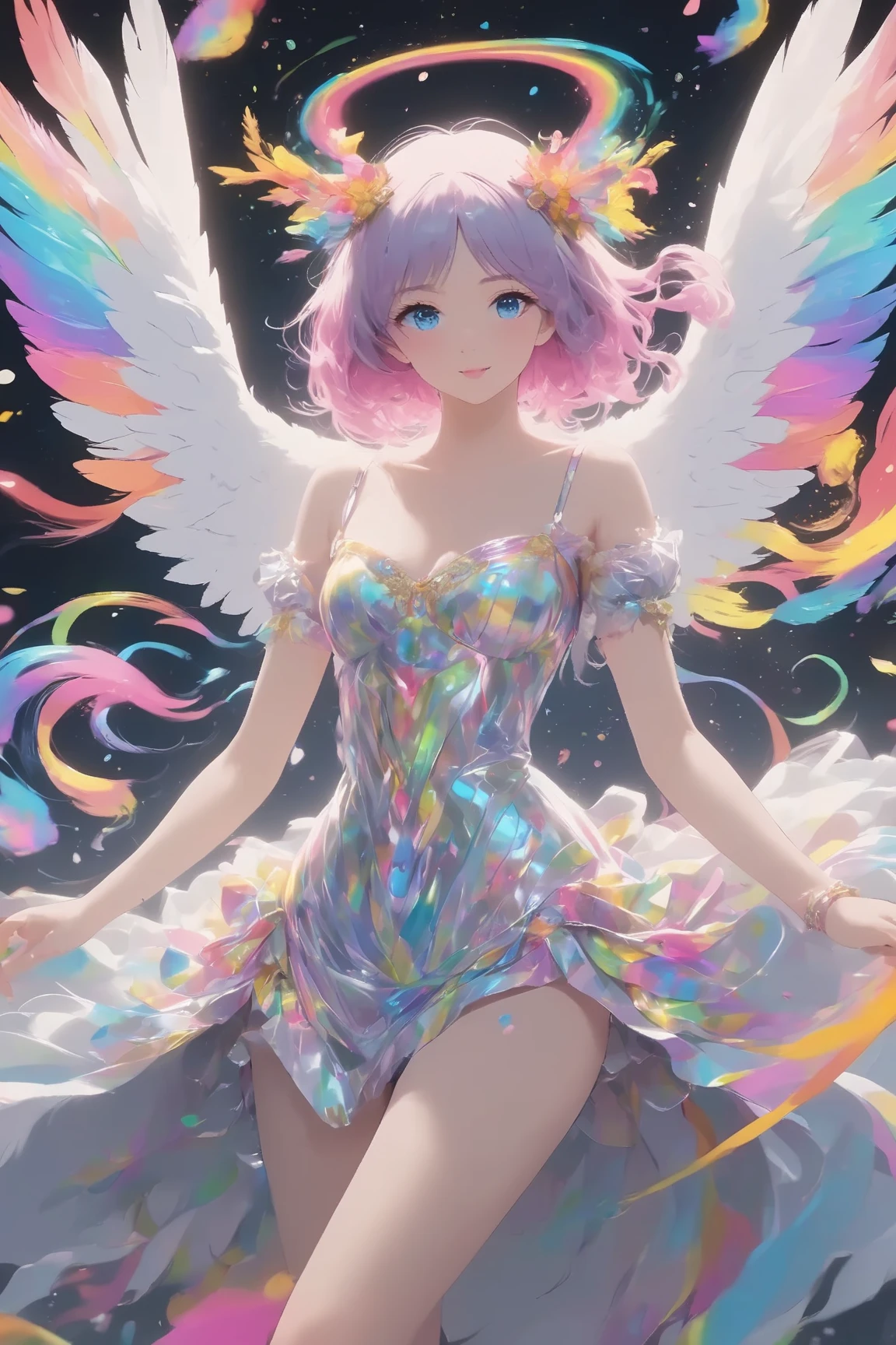 anime、(Surrealism, retina, masterpiece, accurate, anatomically correct, super detail, best quality, 8k, extremely precise in every detail, beautiful detailed glow, beautiful attention to detail, beautiful detailed eyes:1.3), Lover woman in standing in front of a wall with a rainbow painted on it, Spread your wings, Rainbow Wings , girl with angel wings, Beautiful Wings, An angel with full body majesty, beautiful angel girl, With real feathers, Lisa Frank style, spread wings , Alex Yanez and Lisa Frank , Angel wings on your back