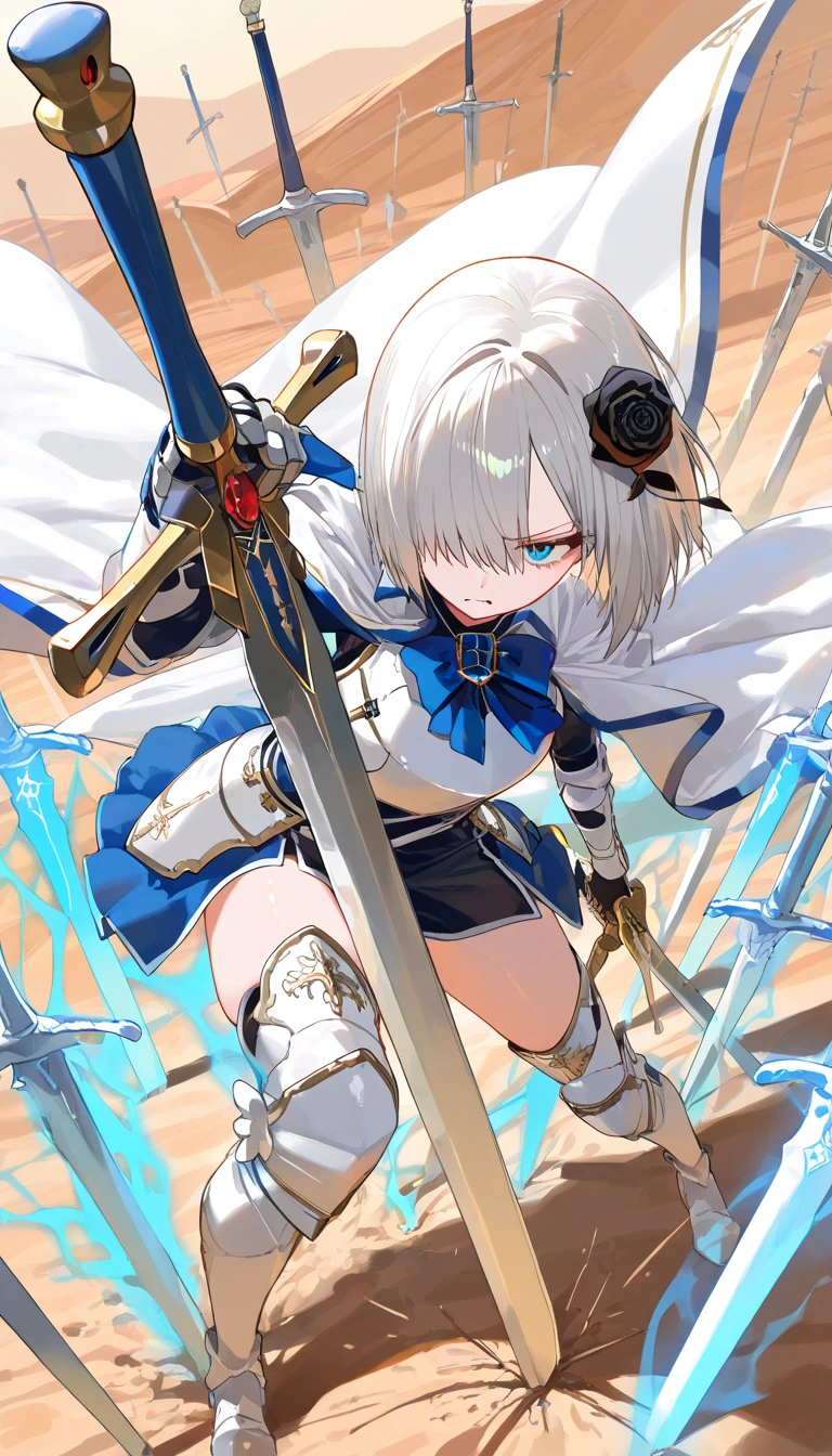 (beautiful girl : 1.3),1 girl,(White Armor,white cloak with blue embroidery,Black Rose Hair Ornament,thigh,boots), Silver Hair,bob cut,Hair Over One Eye,anger, abusive,has a sword, desert,Many swords stuck in the ground,Blue and White Aura from Sword,active,Dynamic Angle,masterpiece,Highest Quality,rich contrasts,high image quality,8k,High Definition CG Unit Wallpaper,texture,Incredibly Absurd, RAW photos ,Deep Boundaries 1 .2,Very Detailed