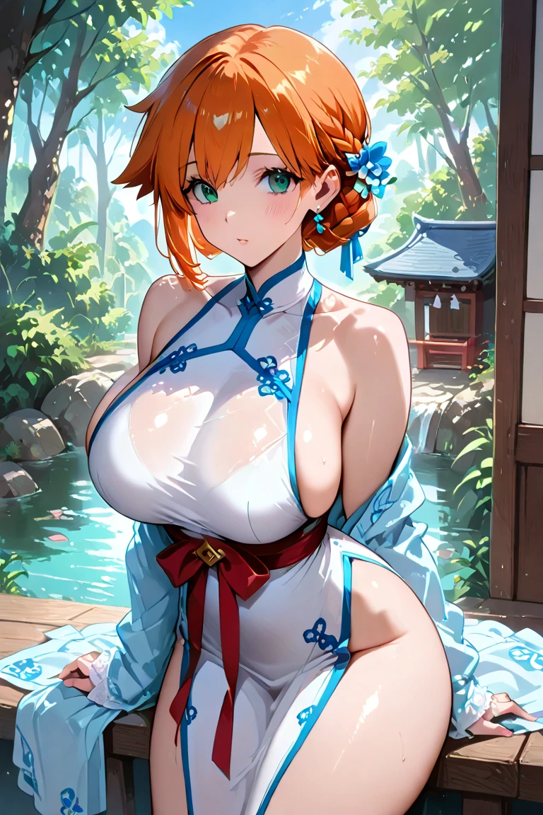 (masterpiece, best quality:1.2), cowboy shot, solo, 1girl, orihime inoue, cheongsam, lewd, NSFW, nip slip, revealing outfit, big breasts, katana, sexy back, sleeveless, minimal clothing, ponytail, beautiful, wardrobe malfunction, looking at viewer, absurdres, high res, ultrasharp, 8k, masterpiece