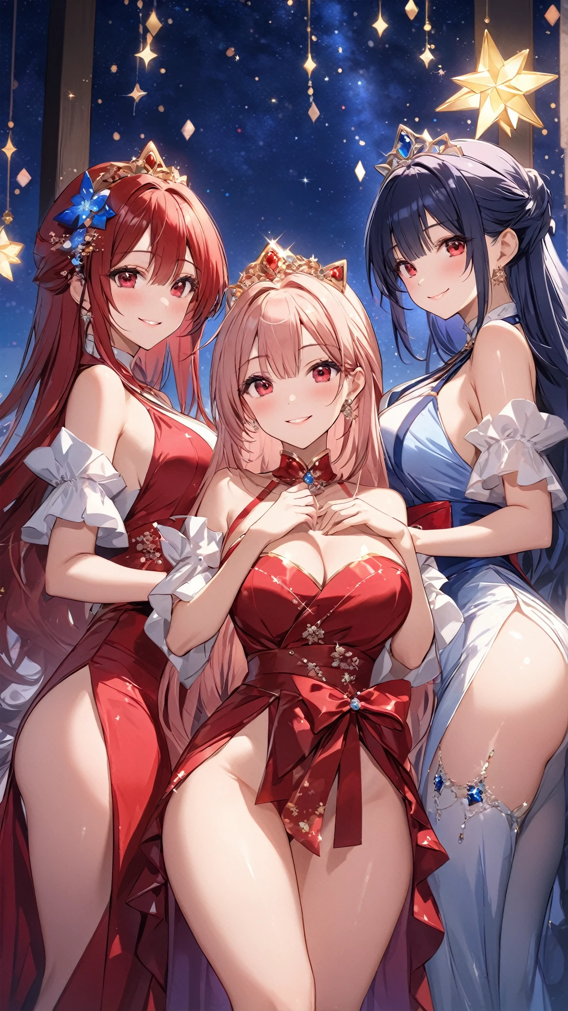 A group of young princesses, (In the bedroom), Various hairstyles, harem, Wearing a royal dress, night, Detailed face, , Short skirt, Lure, sleeveless , Show your armpits, night, starry night
