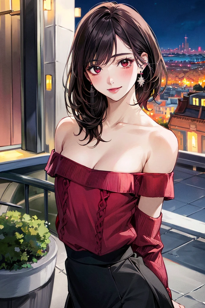 black haired woman in a short red dress, leaning against a balcony railing, overlooking a city